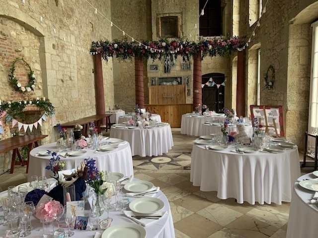 Wedding Breakfast in Great Hall Flowers by Sarah Matthews Lighting Furniture Catering and Bar by The Events Co